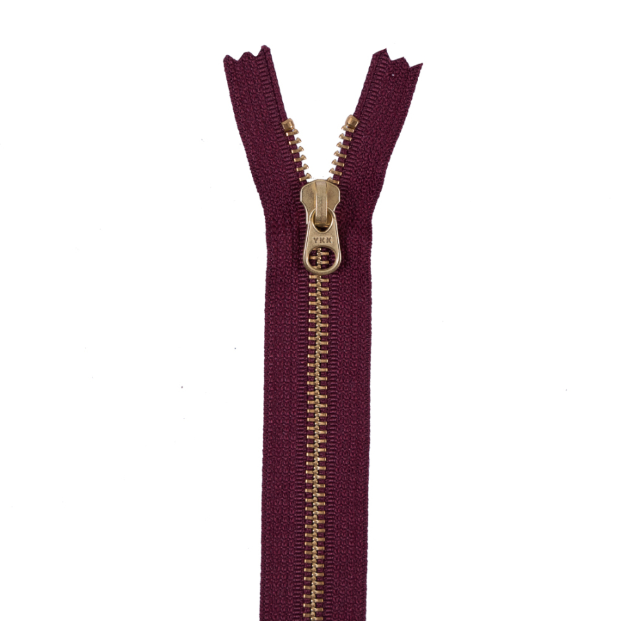 Dark Tuscan Red Metal Zipper with Gold Pull and Teeth - 8 | Mood Fabrics
