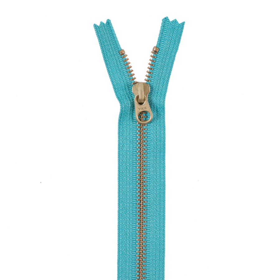 Jade Blue Metal Zipper with Gold Pull and Teeth - 8 | Mood Fabrics