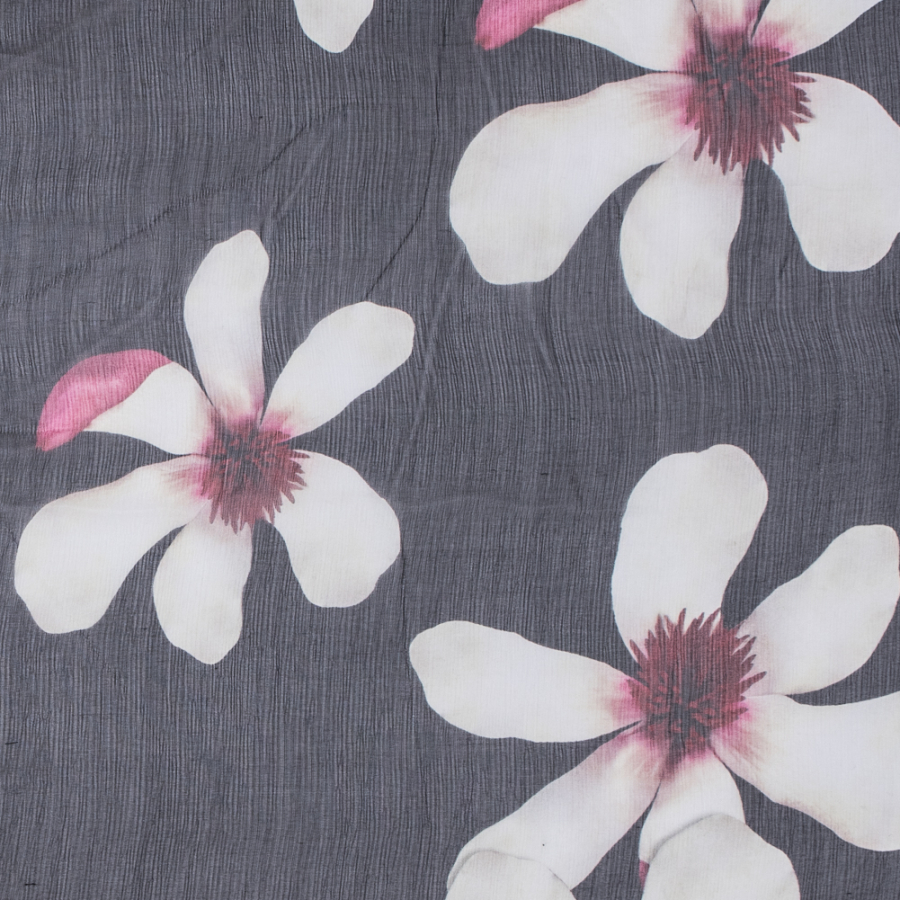 Carolina Herrera Black and Ivory Floral Printed Crinkled Chiffon | Mood Fabrics