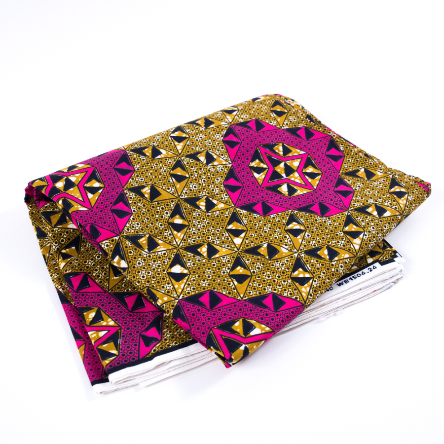 Arrowwood and Beetroot Purple Geometric Waxed Cotton African Print | Mood Fabrics