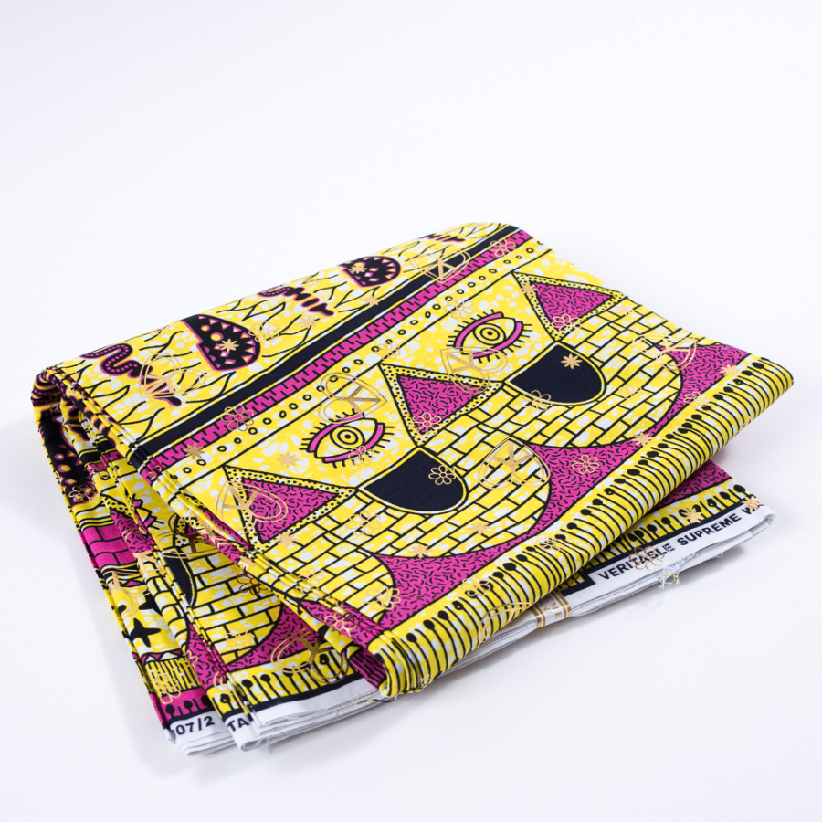 Very Berry and Empire Yellow Waxed Cotton African Print with Metallic Foil | Mood Fabrics