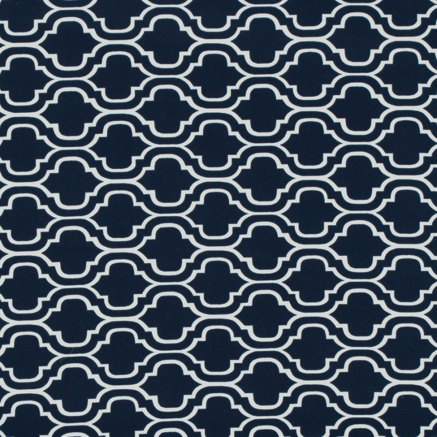 Dress Blues and White Moroccan Printed Polyester Jersey | Mood Fabrics