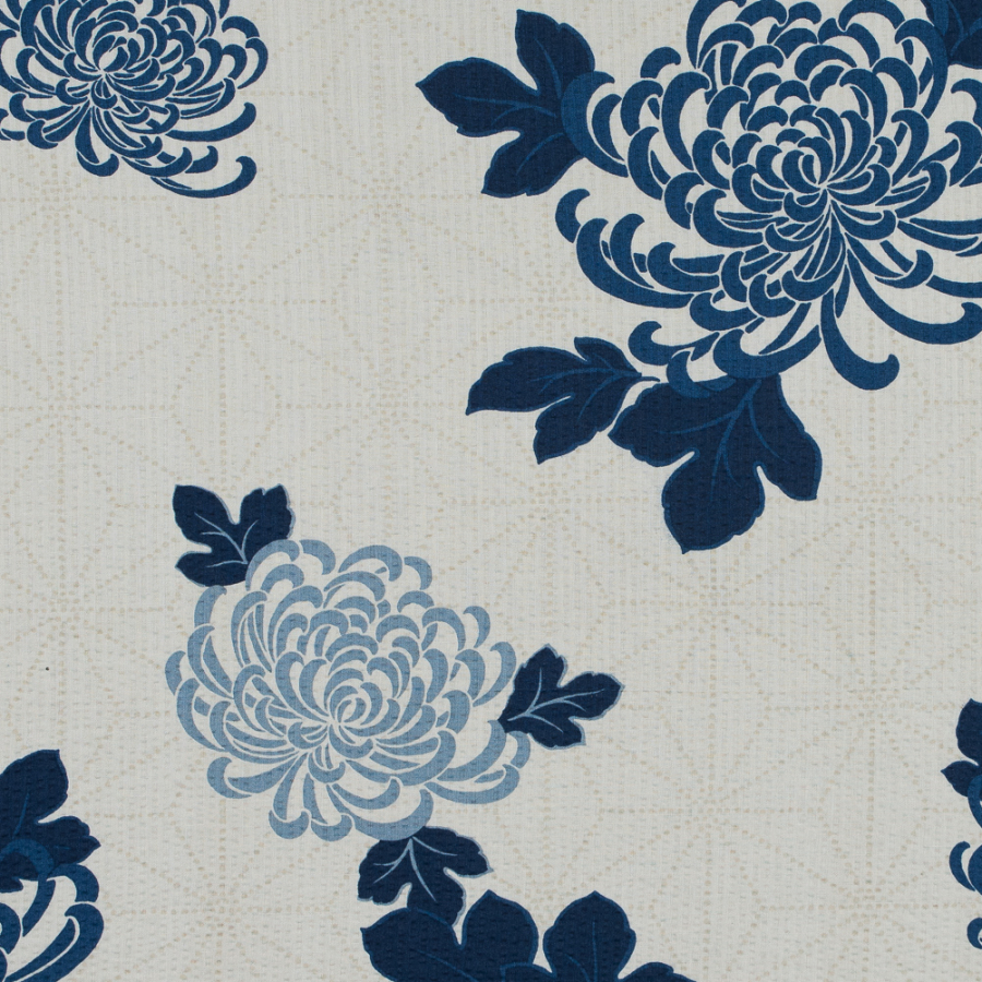 Ensign Blue and Turtledove Floral Printed Seersucker | Mood Fabrics