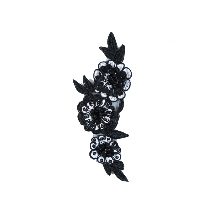 Black & White Beaded and Corded Left Floral Applique - 7.5 x 2 | Mood Fabrics