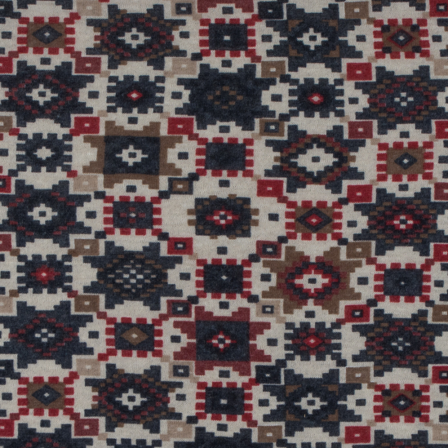 Blue, Red and Beige Tribal Printed Cotton Knit | Mood Fabrics