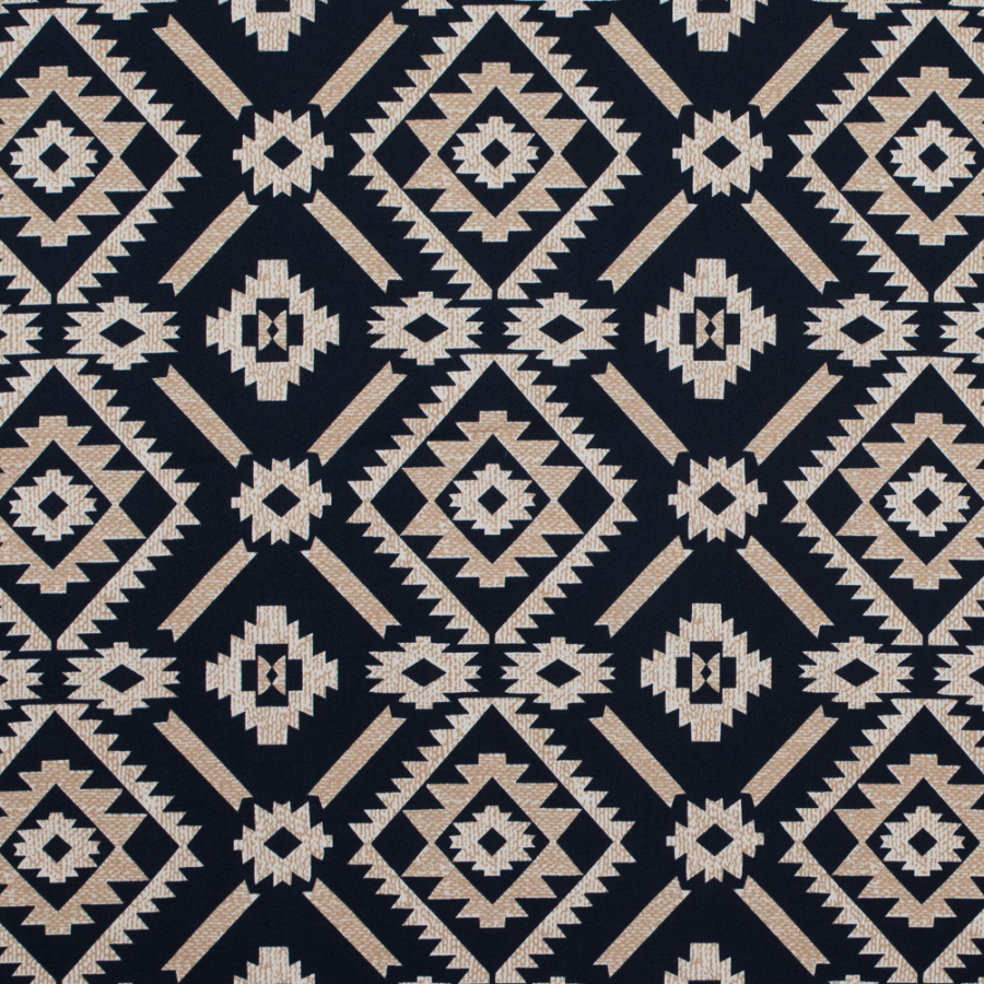 Dark Navy and Beige Geometric Printed Stretch Cotton Sateen | Mood Fabrics
