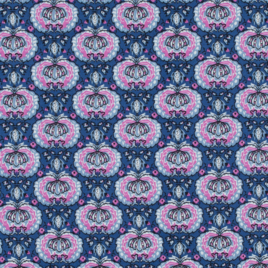 True Blue and Phlox Pink Palmette Printed Stretch Cotton Twill | Mood Fabrics