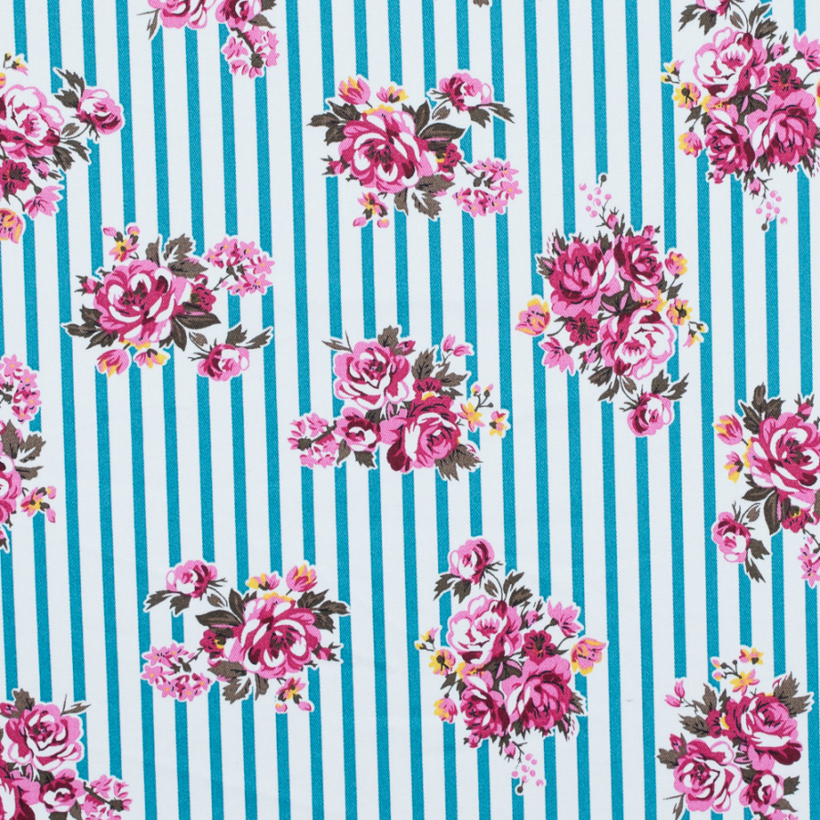 Harbor Blue, Carmine Rose and White Floral Striped Stretch Cotton Twill | Mood Fabrics