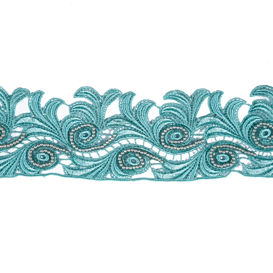 Blue Turquoise Beaded Venise Lace Trim - 3.25 | Mood Fabrics