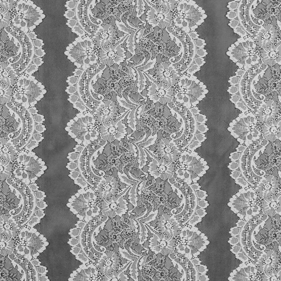 Famous NYC Designer White and Black Floral Lace Striped Netting | Mood Fabrics