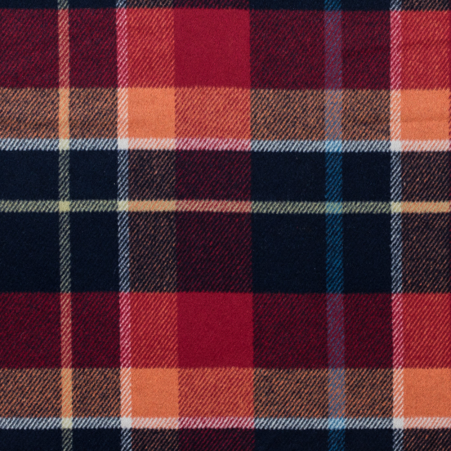 Blue Night, Crimson and Autumn Sunset Madras Plaid Wool Flannel | Mood Fabrics