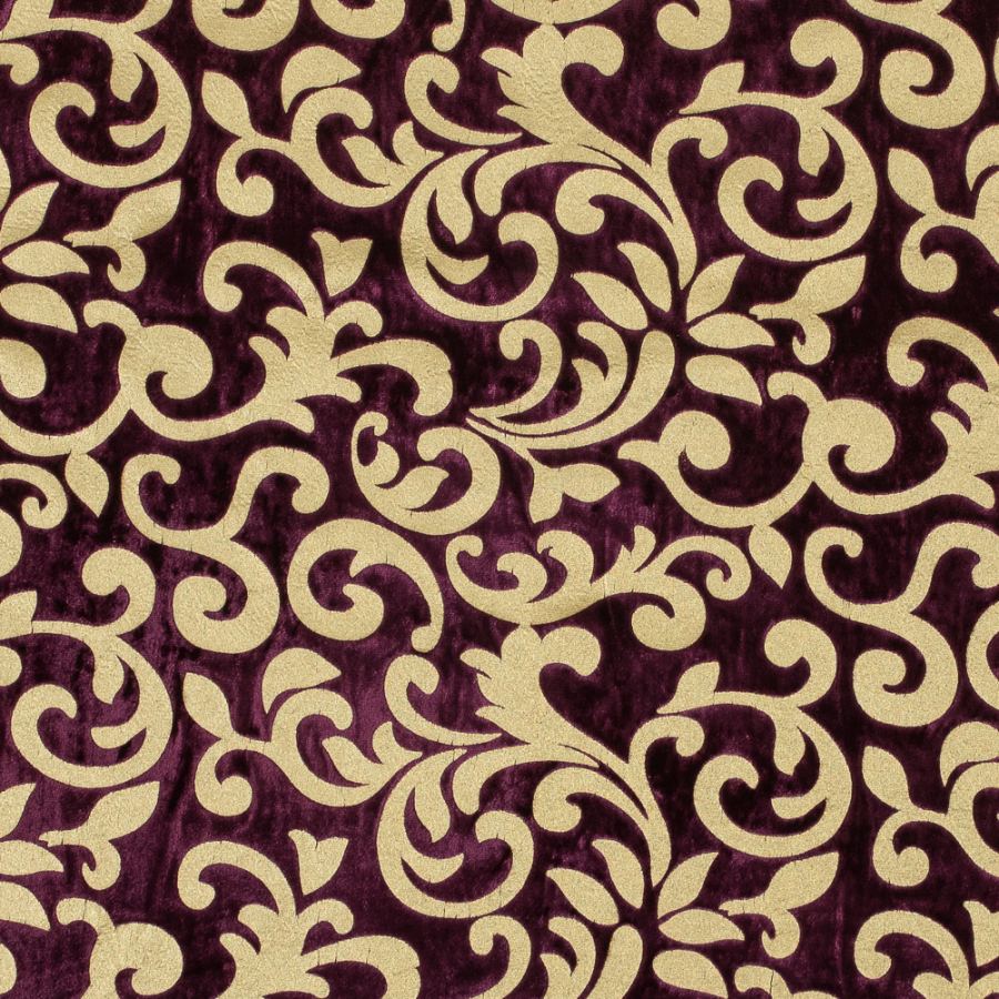 Royal Purple Velvet with Royal Gold Foil Foliage Design - Drapery ...