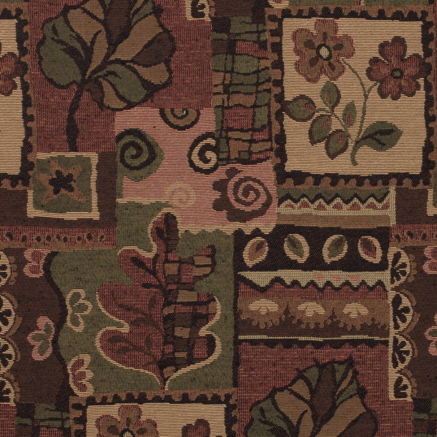 Mahogany Brown and Cedar Green Patchwork Nature Inspired Upholstery Woven | Mood Fabrics