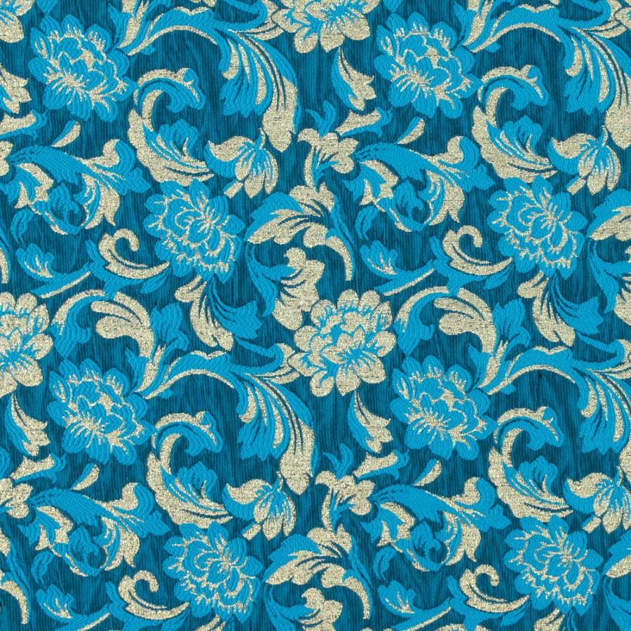 Metallic Gold and Hawaiian Ocean Blue Floral Brocade | Mood Fabrics