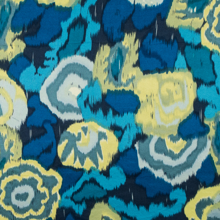 Imperial Blue and Limeade Ikat Printed Silk Charmeuse | Mood Fabrics