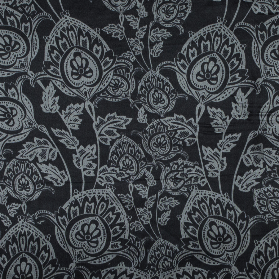 Black and Neutral Gray Floral Printed Silk Charmeuse | Mood Fabrics