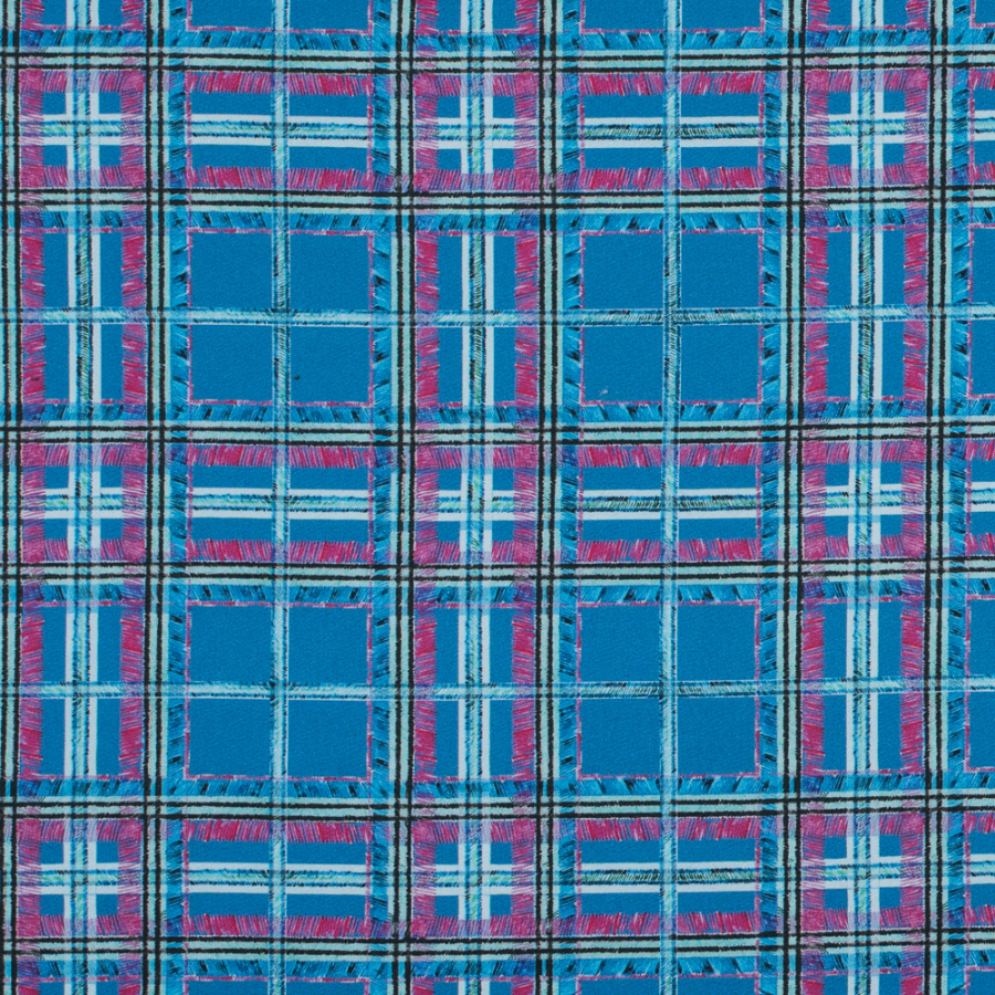 Blue and Pink Plaid Printed Stretch Cotton Sateen | Mood Fabrics