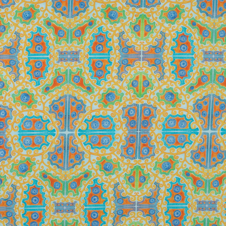 Yellow and Blue Scroll Printed Stretch Cotton Sateen | Mood Fabrics