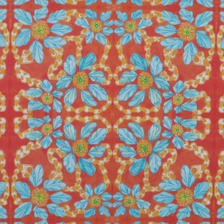 Orange and Blue Floral Printed Stretch Cotton Sateen | Mood Fabrics