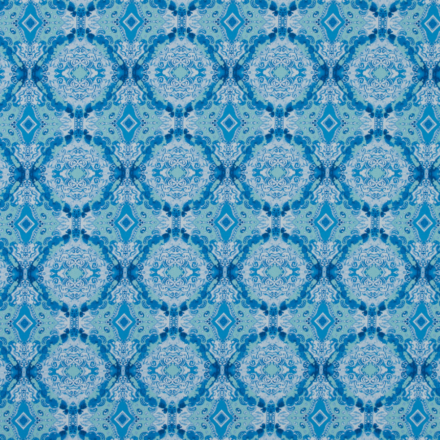 Blue Kaleidoscopic Medallion Stretch Cotton Sateen | Mood Fabrics
