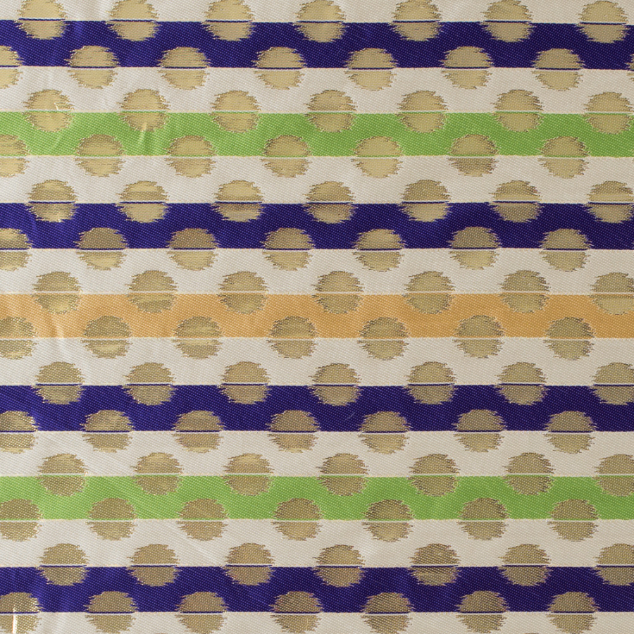 Deep Blue, Jasmine Green and Metallic Gold Polka Dotted and Striped Brocade | Mood Fabrics