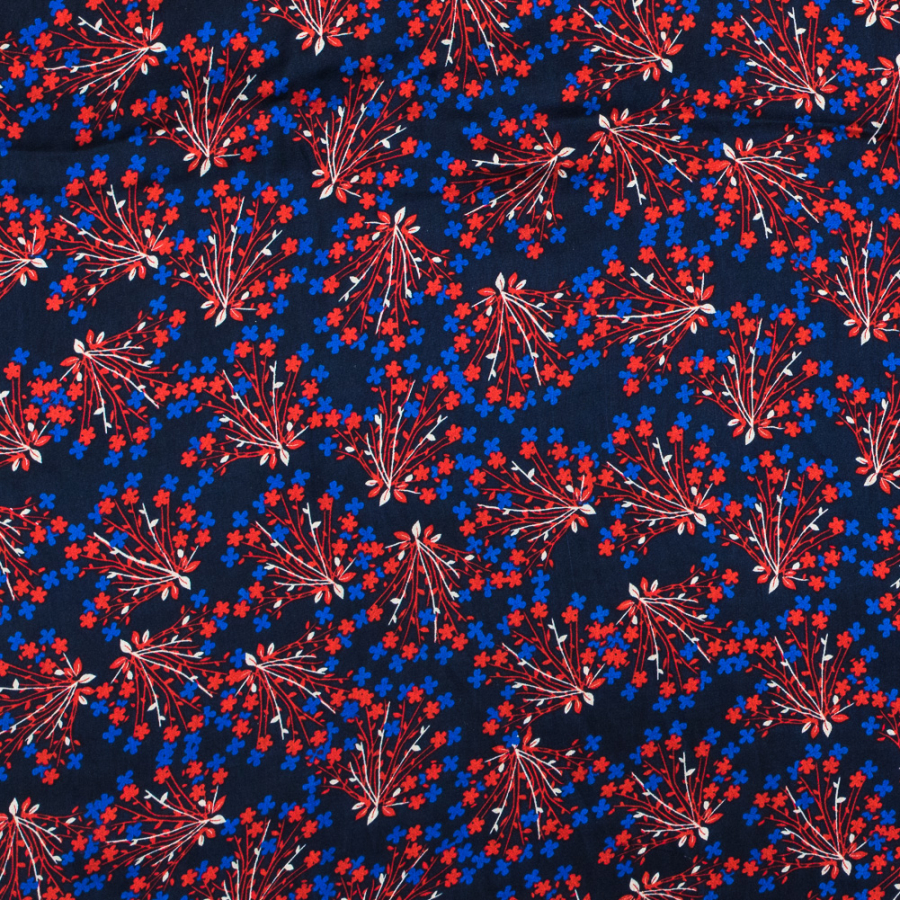 Maritime Blue and Red Floral Printed Silk Chiffon | Mood Fabrics
