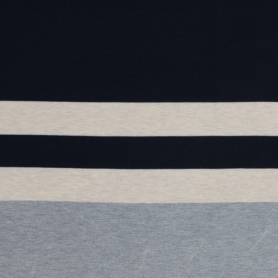 Navy, Oatmeal and Gray Awning Striped Jersey | Mood Fabrics
