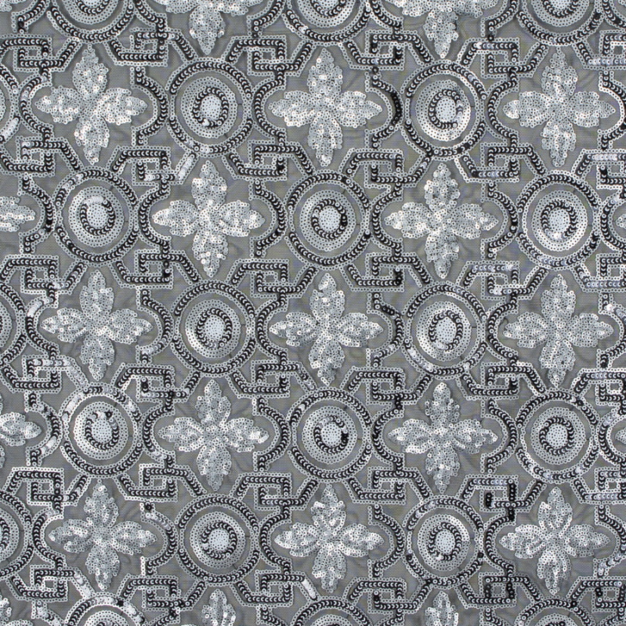Silver and Black Geometric Sequined Mesh | Mood Fabrics