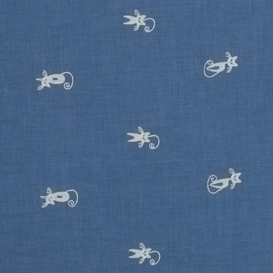 Blue Cat Embroidered Cotton Chambray | Mood Fabrics