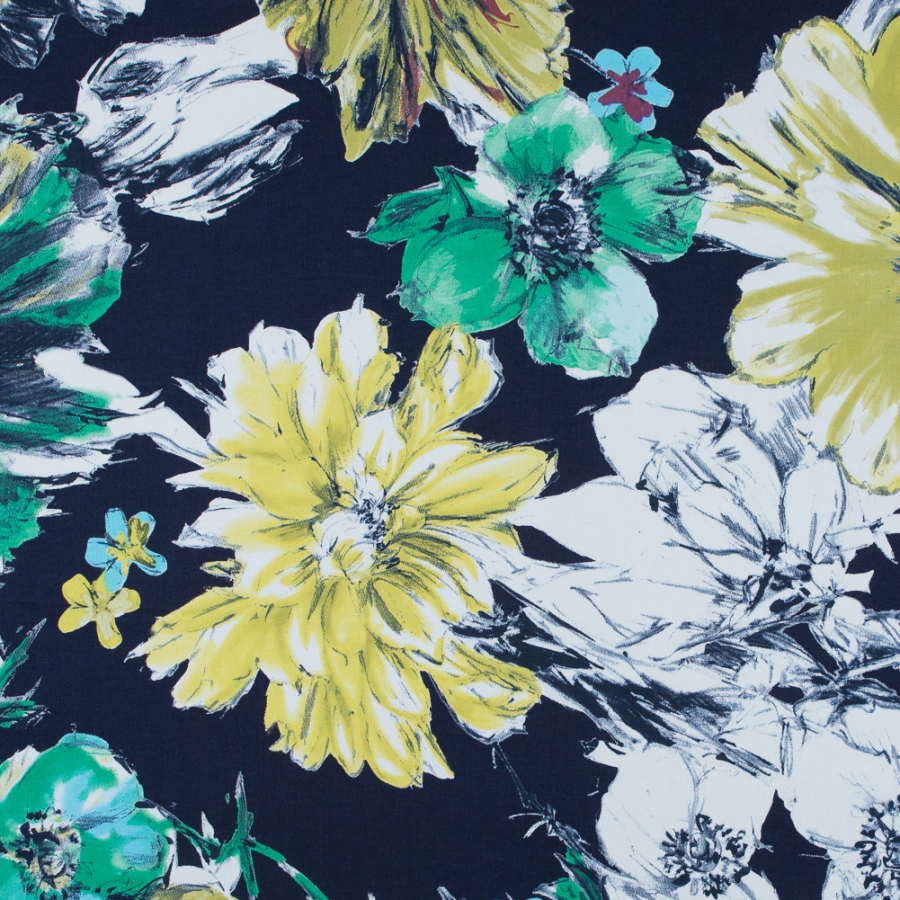 Italian Navy Floral Printed Stretch Cotton Twill | Mood Fabrics