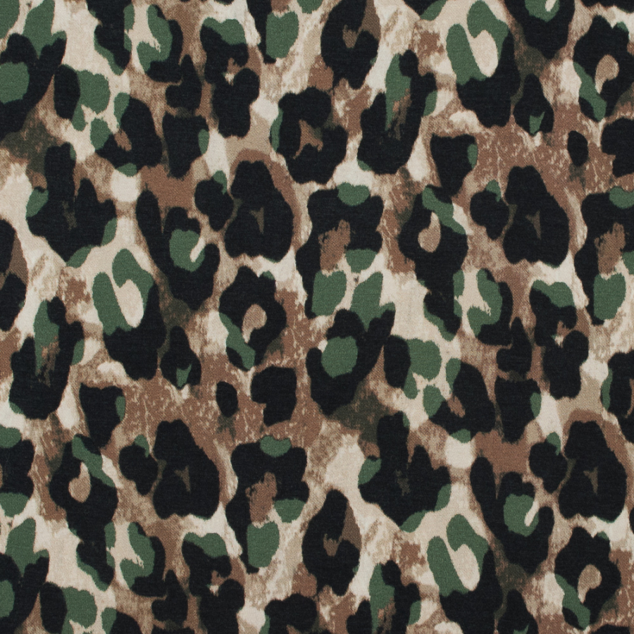Italian Brown and Green Leopard Printed French Terry | Mood Fabrics