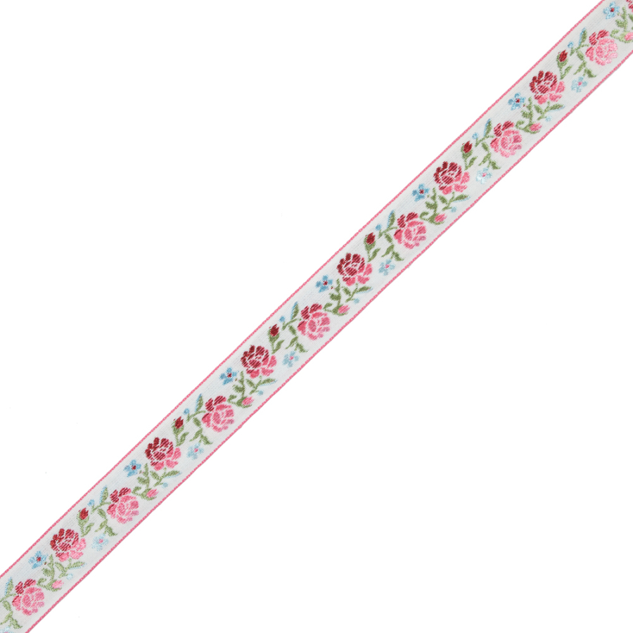 German Pink and Green Floral Jacquard Ribbon - 0.875 | Mood Fabrics