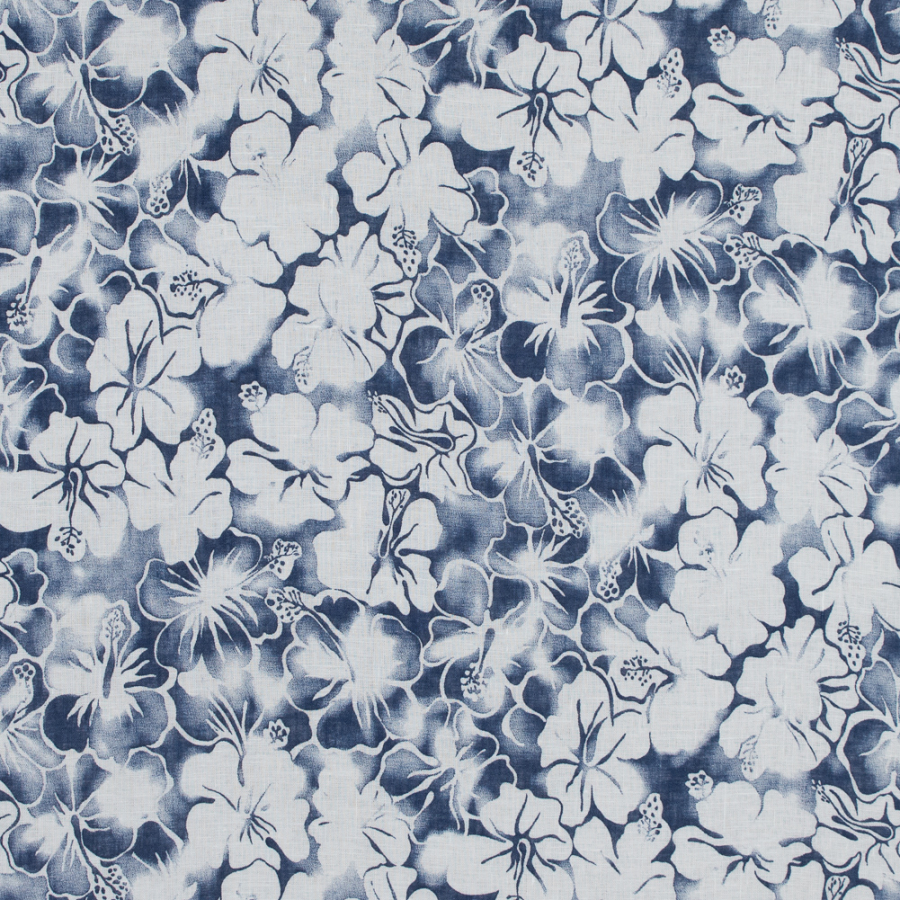 Blue Indigo and White Floral Printed Linen Woven | Mood Fabrics