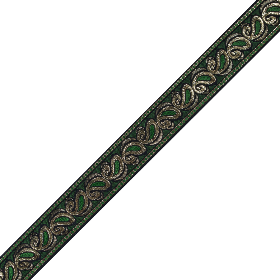 Green and Metallic Gold Paisley Jacquard Ribbon - 1.5 | Mood Fabrics