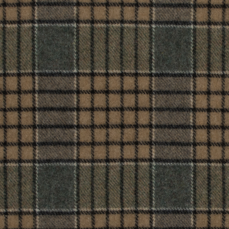 Beige and Green Plaid Twill Wool Coating | Mood Fabrics