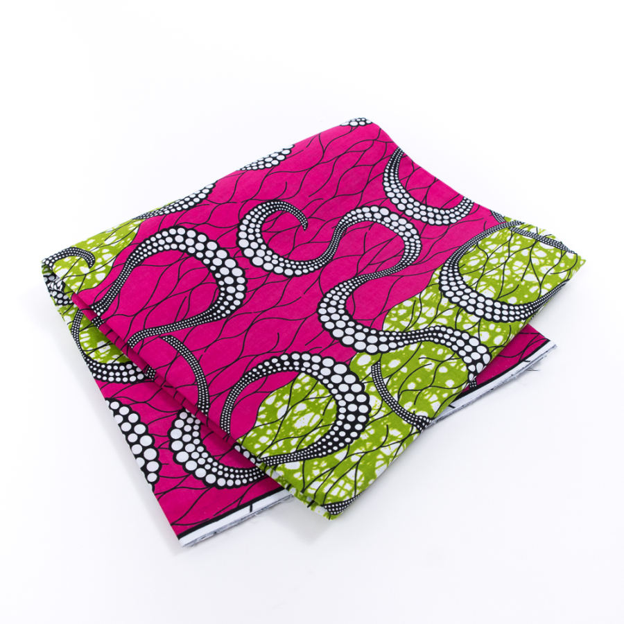Pea Green and Fuchsia Waxed Cotton African Print | Mood Fabrics