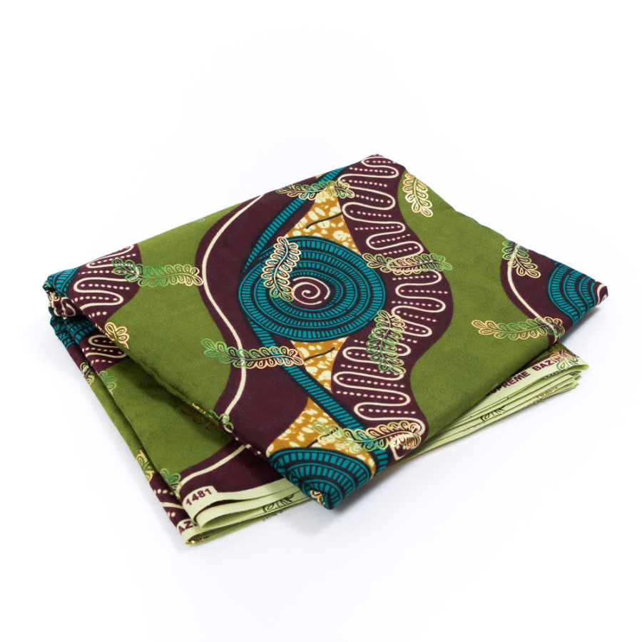Calla Green Waxed Cotton African Print with Inlaid Print and Metallic Ombre Foil | Mood Fabrics