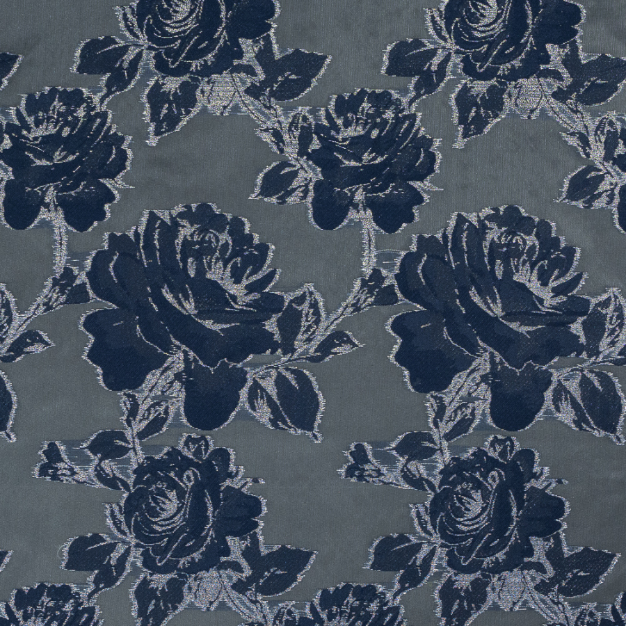 Patriot Blue and Metallic Silver Floral Burnout Organza | Mood Fabrics