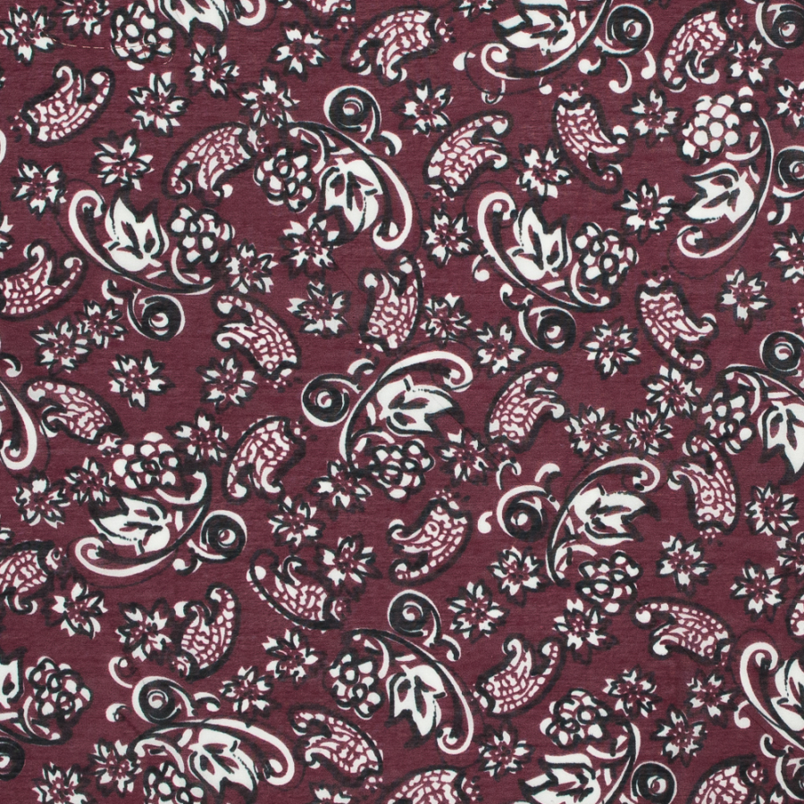 Famous NYC Designer Wine Paisley Silk and Cotton Voile | Mood Fabrics
