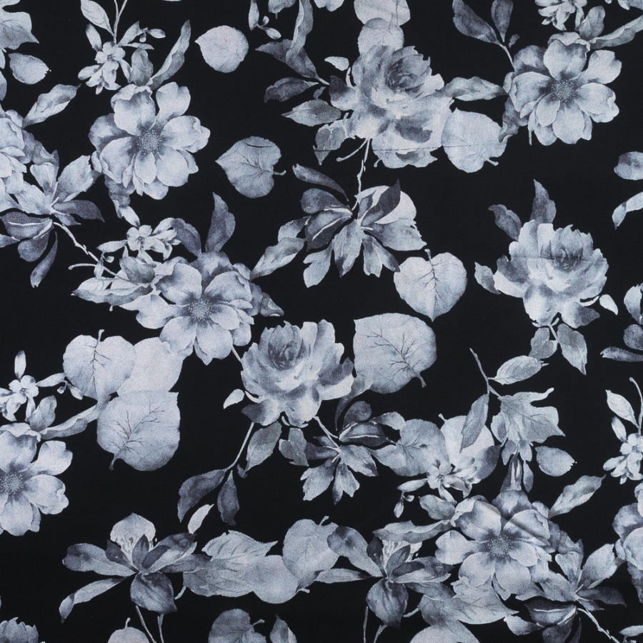 Black Ponte Knit with Blue Floral Foil Design | Mood Fabrics