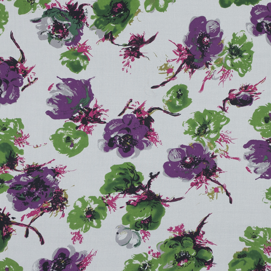 Green and Purple Abstract Floral Printed Silk Chiffon | Mood Fabrics
