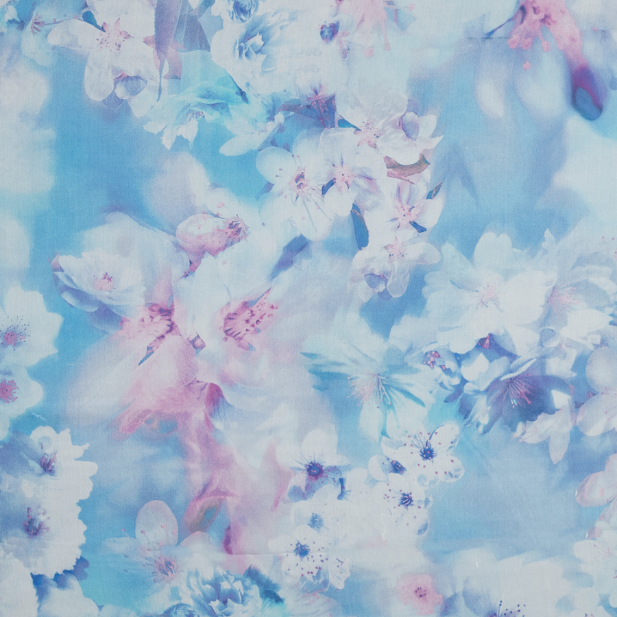 Blue and Pink Floral Silk Chiffon | Mood Fabrics