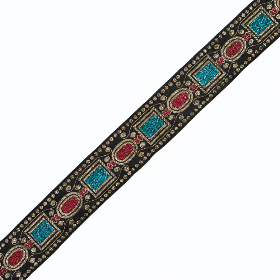 Metallic Red, Blue and Gold Geometric Jacquard Ribbon - 1.5 | Mood Fabrics
