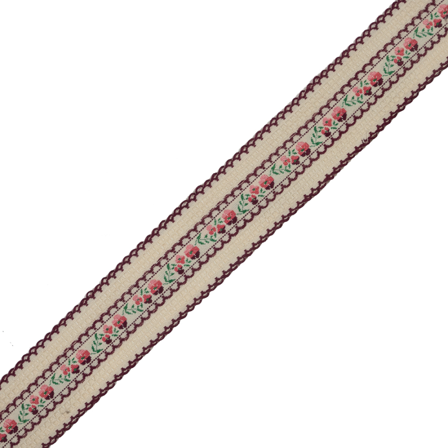 Maroon and Beige Floral Woven Jacquard Ribbon - 1.5 | Mood Fabrics