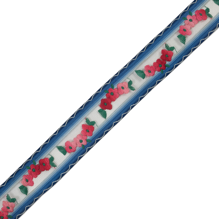 Pink Flowers Embroidered on Blue Lined Tulle Trimming - 1.5 | Mood Fabrics