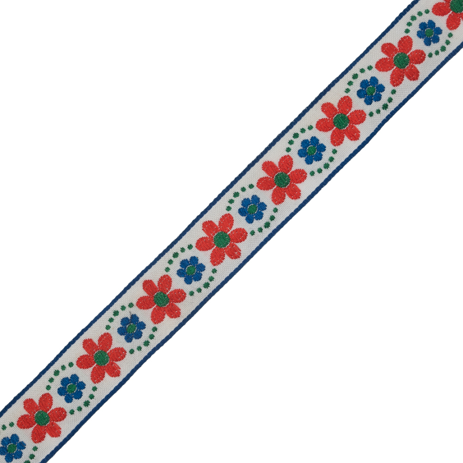 Red Orange, Blue and Green Floral German Jacquard Ribbon - 1.25 | Mood Fabrics