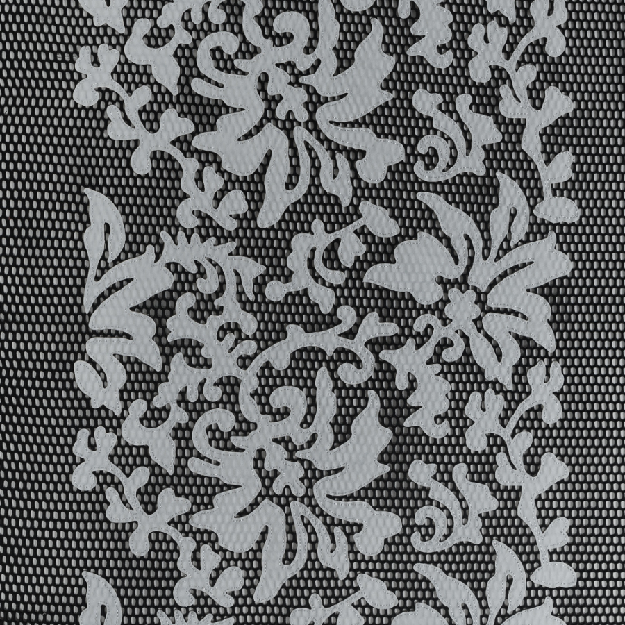 Black Wonder Mesh with White Floral Faux Leather Embroidered Borders | Mood Fabrics