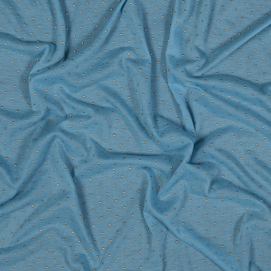 Baby Blue Gold-Dotted Polyester Jersey | Mood Fabrics