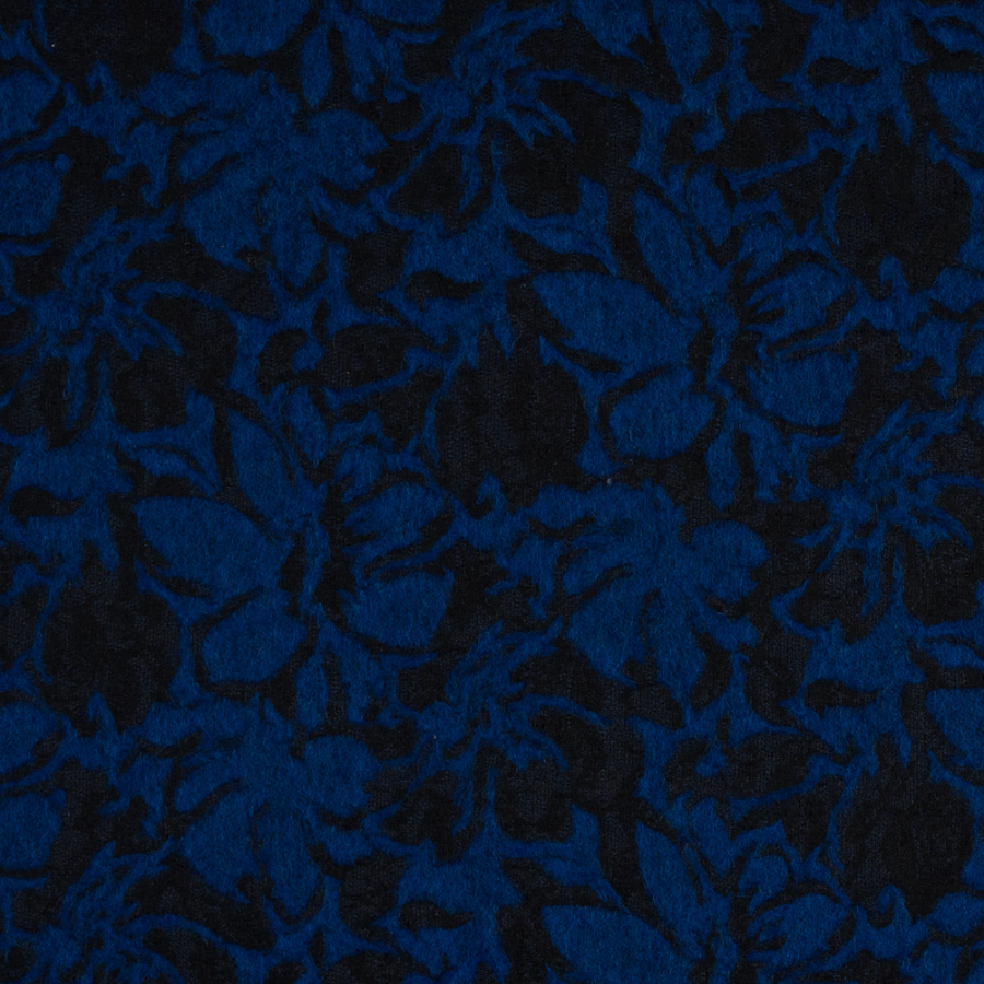 Bonded Cobalt Wool Woven and Black Lace with Flocked Floral Design | Mood Fabrics