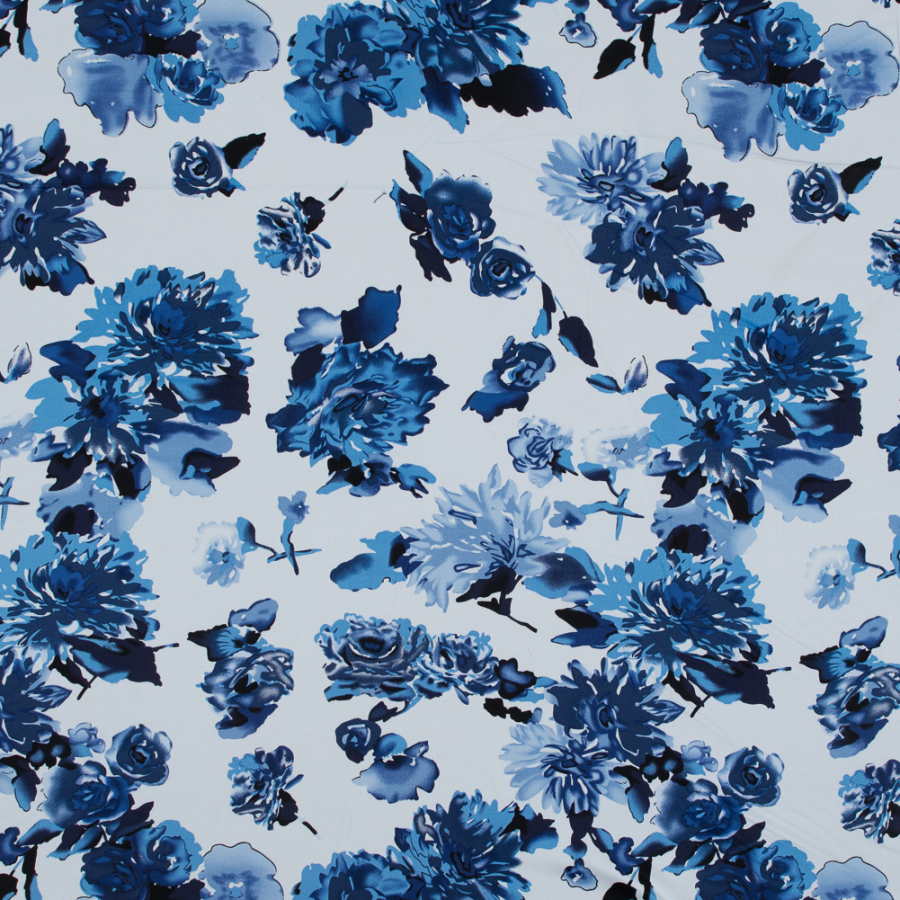 Blue and White Floral Stretch Cotton Sateen | Mood Fabrics